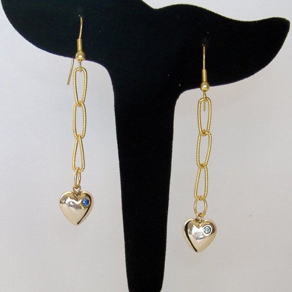 Heart Rhinestone Long Handmade Earrings Gold Metal Chain Aqua Blue Pierced Hook - Picture 3 of 6